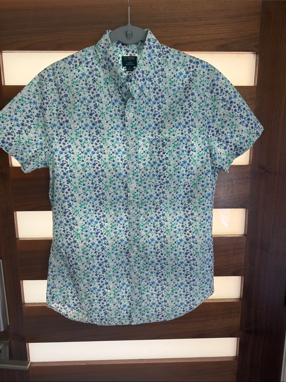 J. Crew Short-Sleeve Floral Button-Up Shirt — White with Blue & Green Print